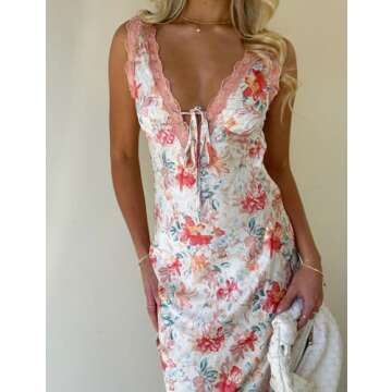 LXXIASHI Women Y2K Floral Printed Long Dress V Neck Backless Maxi Dress Sleeveless Going Out Sundress Summer Beach wear