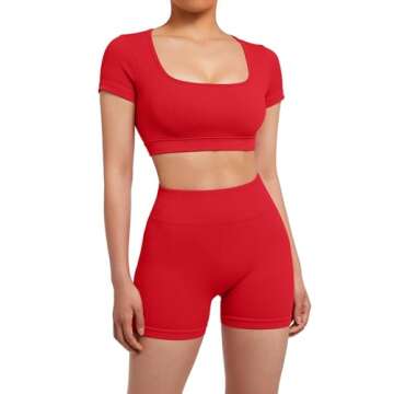 SUUKSESS Open Back Short Sleeve Scrunch Butt Booty Shorts Seamless Ribbed Workout Sets 2 Piece Outfits (#1 Red, M)