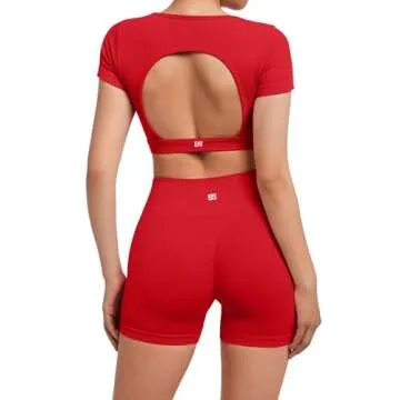 SUUKSESS Open Back Short Sleeve Scrunch Butt Booty Shorts Seamless Ribbed Workout Sets 2 Piece Outfits (#1 Red, M)
