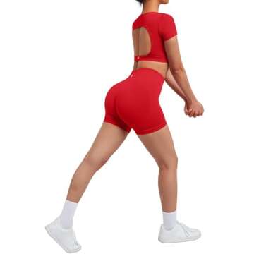 SUUKSESS Open Back Short Sleeve Scrunch Butt Booty Shorts Seamless Ribbed Workout Sets 2 Piece Outfits (#1 Red, M)