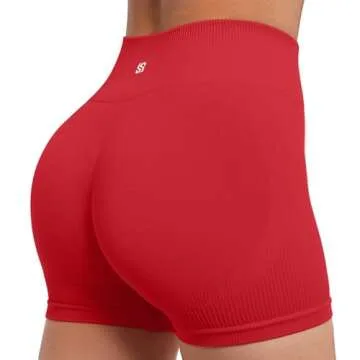 SUUKSESS Open Back Short Sleeve Scrunch Butt Booty Shorts Seamless Ribbed Workout Sets 2 Piece Outfits (#1 Red, M)