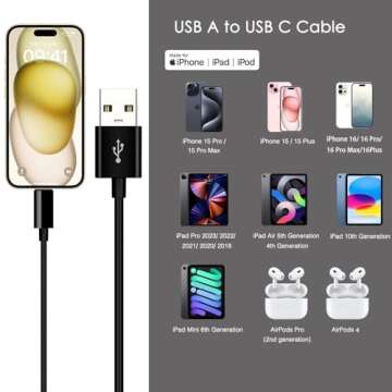 iPhone 15/16 Car Carplay Cable, USB A to USB C Cable for iPhone 15/16, 15/16 Pro Max, 15/16 Plus, iPad 10th Gen, iPad Pro 12.9/11, Air 5th/4th Gen,Mini 6th Gen Charger Cord, Car Charging Cable(Black)