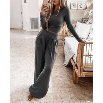 BTFBM Women's Two Piece Lounge Set Long Sleeve Bodycon Ribbed Knit Crop Top Loose Wide Leg Pant Casu...