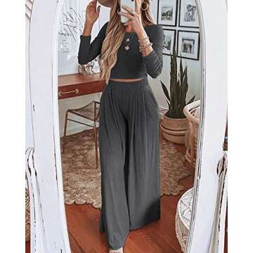 BTFBM Women's Two Piece Lounge Set Long Sleeve Bodycon Ribbed Knit Crop Top Loose Wide Leg Pant Casual Outfits Sweatsuit(Solid Dark Grey, Medium)