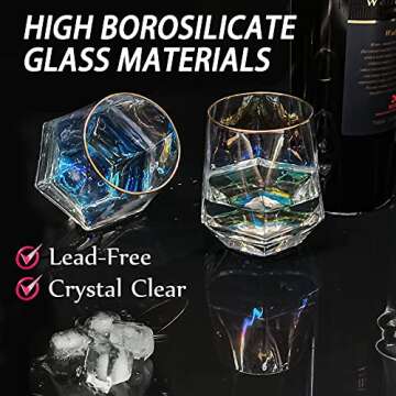 Diamond Whiskey Glasses, Set of 4 Rocks Rainbow Glasses Gold Banded Cocktail Drinkware for Rum, Scot...