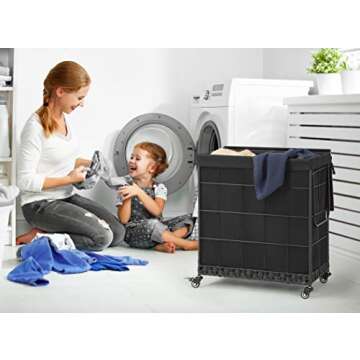 Laundry Hamper with Heavy Duty Caster Wheels; Clothes Hamper with Lid; Laundry Basket with Removable Liner Bag; Laundry Sorter with Metal Handle
