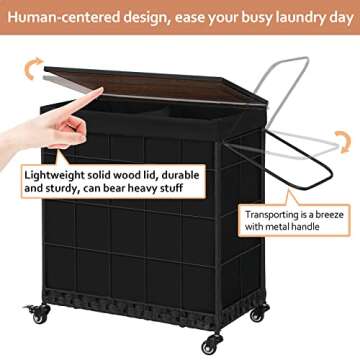 Laundry Hamper with Heavy Duty Caster Wheels; Clothes Hamper with Lid; Laundry Basket with Removable Liner Bag; Laundry Sorter with Metal Handle