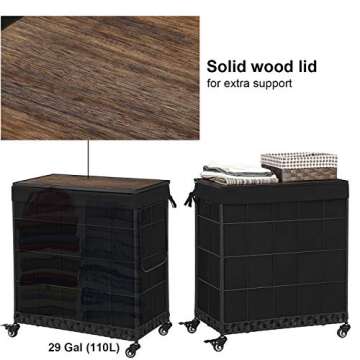 Laundry Hamper with Heavy Duty Caster Wheels; Clothes Hamper with Lid; Laundry Basket with Removable Liner Bag; Laundry Sorter with Metal Handle