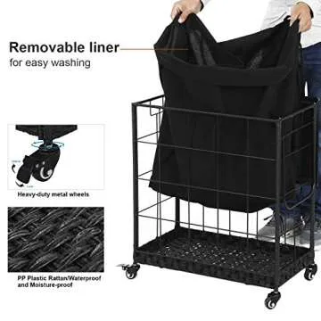 Laundry Hamper with Heavy Duty Caster Wheels; Clothes Hamper with Lid; Laundry Basket with Removable Liner Bag; Laundry Sorter with Metal Handle