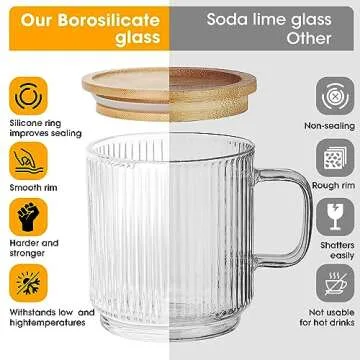 LUCKJOY Set of 2 Glass Coffee Mugs with Bamboo Lids and Spoons, 12oz Vintage Ribbed Glassware for La...