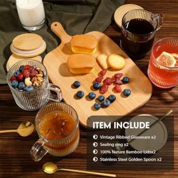 LUCKJOY Set of 2 Glass Coffee Mugs with Bamboo Lids and Spoons, 12oz Vintage Ribbed Glassware for Latte, Tea, Cappuccino, Cute Coffee Bar Accessories Clear Glass Coffee Cups for Hot/Cold Beverages