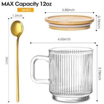 LUCKJOY Set of 2 Glass Coffee Mugs with Bamboo Lids and Spoons, 12oz Vintage Ribbed Glassware for Latte, Tea, Cappuccino, Cute Coffee Bar Accessories Clear Glass Coffee Cups for Hot/Cold Beverages