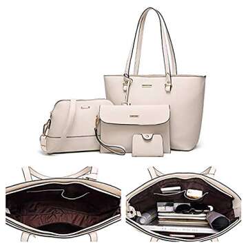 Elimpaul Women Fashion Handbags Tote Bag Shoulder Bag Top Handle Satchel Purse Set 4Pcs, Beige, Medium