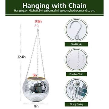 RUBY.Q Disco Ball Planter, 8" Silver/Rose Gold Disco Planter, Disco Ball Plant Hanger with Rope Chain Circle (8", Silver)