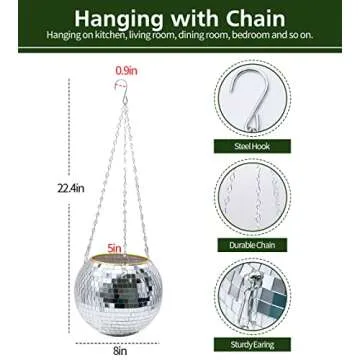 RUBY.Q Disco Ball Planter, 8" Silver/Rose Gold Disco Planter, Disco Ball Plant Hanger with Rope Chain Circle (8", Silver)