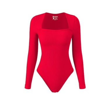 OQQ Women's Bodysuits Sexy Ribbed Square Neck Long Sleeve Tummy Control Casual Fall Bodysuits Red