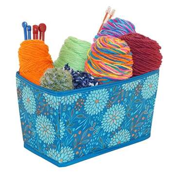 Everything Mary Teal Floral Knitting Craft Yarn Bin - Organizer Project Caddy Organizer Storage Tote - Large Premium Box or Knitting, Yarn, Crotchet - Yarn & Notions Organization - Tangle Free Yarn