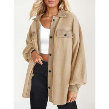 Fisoew Womens Oversized Long Sleeve Button Down Shirt Jacket Soft Comfy Casual Shacket Coats with Pockets