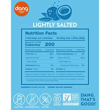 Dang Keto Toasted Coconut Chips |Lightly Salted Unsweetened|1 Pack| Keto Certified, Vegan, Gluten Free, Paleo Friendly, Non GMO, Unsweetened Healthy Snacks Made with Whole Foods|3.17Oz Resealable Bags