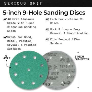 Serious Grit - 5-Inch 9-Hole Sanding Discs - Heavy-Duty Hook & Loop Film Discs - Sandpaper for Random Orbital Sanders