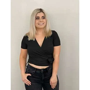 Womens Summer Tops Unique Black Crop Top Casual Tie Up Deep V Neck Wrap Shirts S