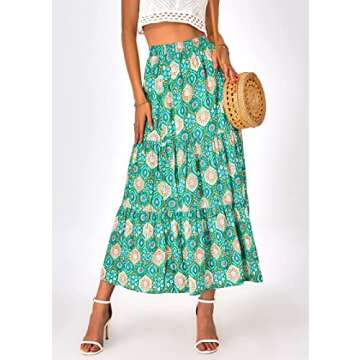 KIRUNDO Women's 2025 Spring Summer High Waist Boho Floral Maxi Skirt Casual Flowy Swing Pleated A Line Beach Long Skirts(Green Geometry, Small)