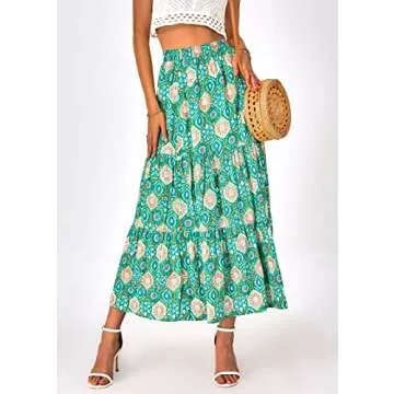 KIRUNDO Women's 2025 Spring Summer High Waist Boho Floral Maxi Skirt Casual Flowy Swing Pleated A Line Beach Long Skirts(Green Geometry, Small)