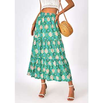KIRUNDO Women's 2025 Spring Summer High Waist Boho Floral Maxi Skirt Casual Flowy Swing Pleated A Line Beach Long Skirts(Green Geometry, Small)