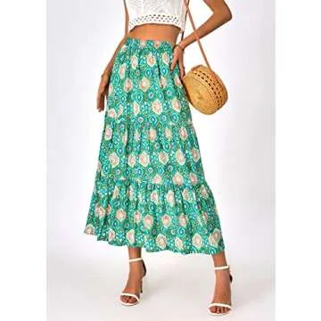KIRUNDO Women's 2025 Spring Summer High Waist Boho Floral Maxi Skirt Casual Flowy Swing Pleated A Line Beach Long Skirts(Green Geometry, Small)