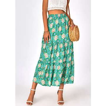 KIRUNDO Women's 2025 Spring Summer High Waist Boho Floral Maxi Skirt Casual Flowy Swing Pleated A Line Beach Long Skirts(Green Geometry, Small)