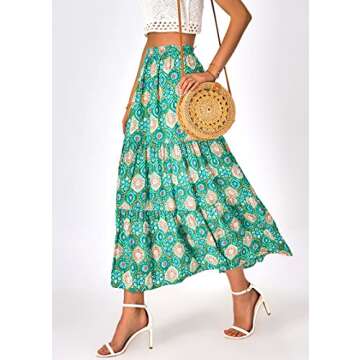 KIRUNDO Women's 2025 Spring Summer High Waist Boho Floral Maxi Skirt Casual Flowy Swing Pleated A Line Beach Long Skirts(Green Geometry, Small)