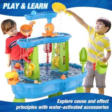 HYES Water Table for Toddlers 3-5, 3-Tier Kids Splash Sand Table Water Toys, Rain Showers Splash Pon...