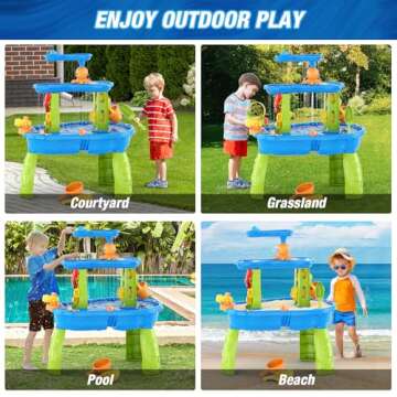 HYES Water Table for Toddlers 3-5, 3-Tier Kids Splash Sand Table Water Toys, Rain Showers Splash Pond for Outdoor Beach Backyard Summer, Activity Sensory Play Table for Boys Girls