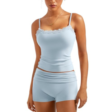 SUUKSESS Women 2 Piece Lounge Sets Shorts Pajama Set SLeeveless Lace Trim Cami Outfits (Light Blue,M...
