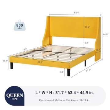 Allewie Platform Bed Frame Queen Size with Upholstered Headboard, Modern Deluxe Wingback, Wood Slat ...