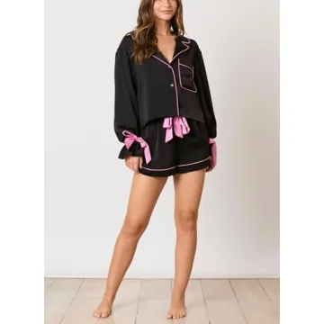 Fenghualzzniya Women Cute Christmas Pajamas 2 Piece Lounge Set Long Sleeve Shirts and Shorts Y2k Pajama Sets Sleepwear, Black, Small