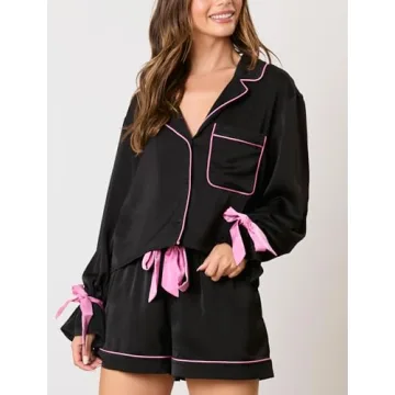 Fenghualzzniya Women Cute Christmas Pajamas 2 Piece Lounge Set Long Sleeve Shirts and Shorts Y2k Pajama Sets Sleepwear, Black, Small