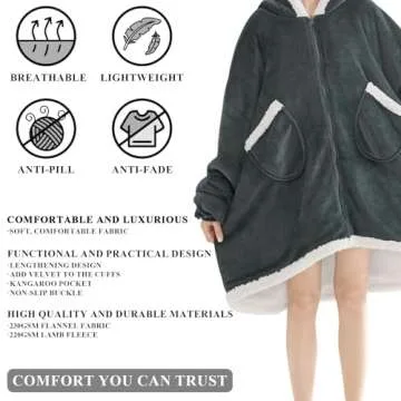 Topcee Oversized Wearable Blanket Sherpa Fleece Blanket Hoodie Comfortable Soft Warm Thick Big Hooded Sweatshirt Hoodie Blanket - Cozy and Fuzzy Blanket Hoodie with Giant Pocket - Dark Grey