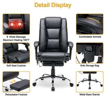 HOMREST Ergonomic Executive Office Chair with Heated PU Leather Adjustable Height Reclining Massage Desk Chair with Foot Rest Armrest, Lumbar Back Support For Home Office