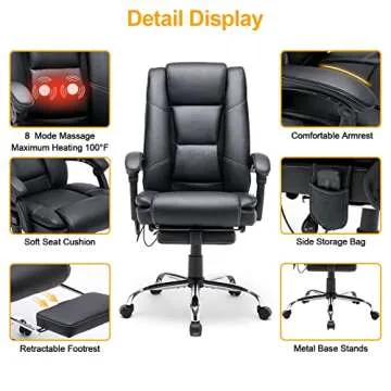 HOMREST Ergonomic Executive Office Chair with Heated PU Leather Adjustable Height Reclining Massage Desk Chair with Foot Rest Armrest, Lumbar Back Support For Home Office