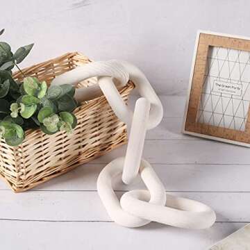 Ohiyoo Wood Chain Link Decor White, Hand Carved 5-Link Wood Knot Decor for Home Decor, Pine Wood Chain Link Decorative Boho Wood Decor for Coffee Table Farmhouse Decor Shelf Decor (White)
