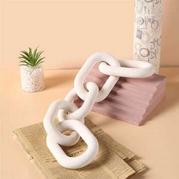 Ohiyoo Wood Chain Link Decor White, Hand Carved 5-Link Wood Knot Decor for Home Decor, Pine Wood Chain Link Decorative Boho Wood Decor for Coffee Table Farmhouse Decor Shelf Decor (White)