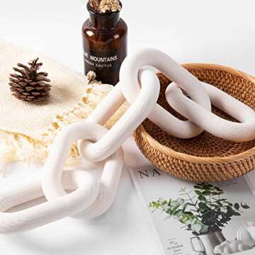 Ohiyoo Wood Chain Link Decor White, Hand Carved 5-Link Wood Knot Decor for Home Decor, Pine Wood Chain Link Decorative Boho Wood Decor for Coffee Table Farmhouse Decor Shelf Decor (White)