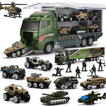 26 Pcs Military Truck with Soldier Men Set(2 in 1), Mini Die-cast Battle Car in Carrier Truck, Army ...