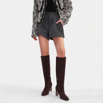 VorisVina Chocolate Brown Knee High Boots for Women Suede Square Toe Chunky Heel Wide Calf Boots Fal...