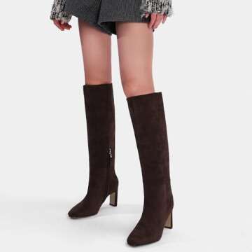 VorisVina Chocolate Brown Knee High Boots for Women Suede Square Toe Chunky Heel Wide Calf Boots Fall Dress Elastic Tall Boots
