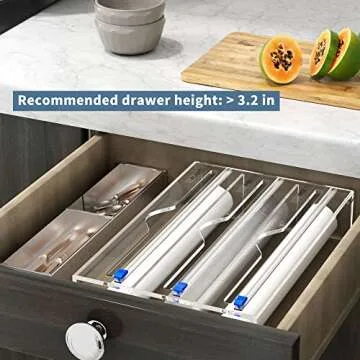 NPPLUS 3 in 1 Wrap Dispenser, Acrylic Foil Dispenser with Slide Cutter and Labels, Plastic Wrap, Aluminum Foil and Wax Paper Organizer Holder for Kitchen Drawer, Fits 12" Roll, Clear