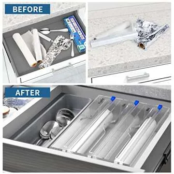 NPPLUS 3 in 1 Wrap Dispenser, Acrylic Foil Dispenser with Slide Cutter and Labels, Plastic Wrap, Aluminum Foil and Wax Paper Organizer Holder for Kitchen Drawer, Fits 12" Roll, Clear