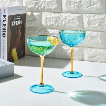 Vintage Art Deco Coupe for Champagne, Martini, Cocktails | Set of 2 | 7 oz Classic Cocktail Glassware - Manhattan, Cosmopolitan, Sidecar, Crystal Speakeasy Style Saucer Goblets with Stems (Blue)