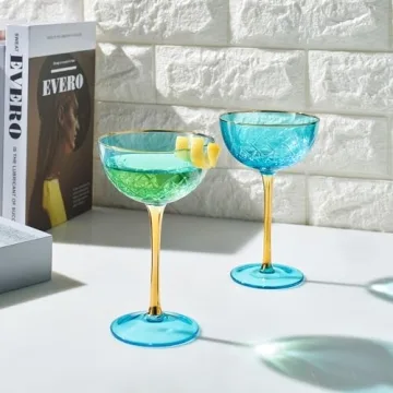 Vintage Art Deco Coupe for Champagne, Martini, Cocktails | Set of 2 | 7 oz Classic Cocktail Glassware - Manhattan, Cosmopolitan, Sidecar, Crystal Speakeasy Style Saucer Goblets with Stems (Blue)